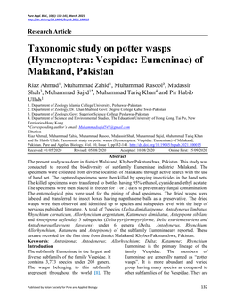 Taxonomic Study on Potter Wasps (Hymenoptera: Vespidae: Eumeninae) of Malakand, Pakistan