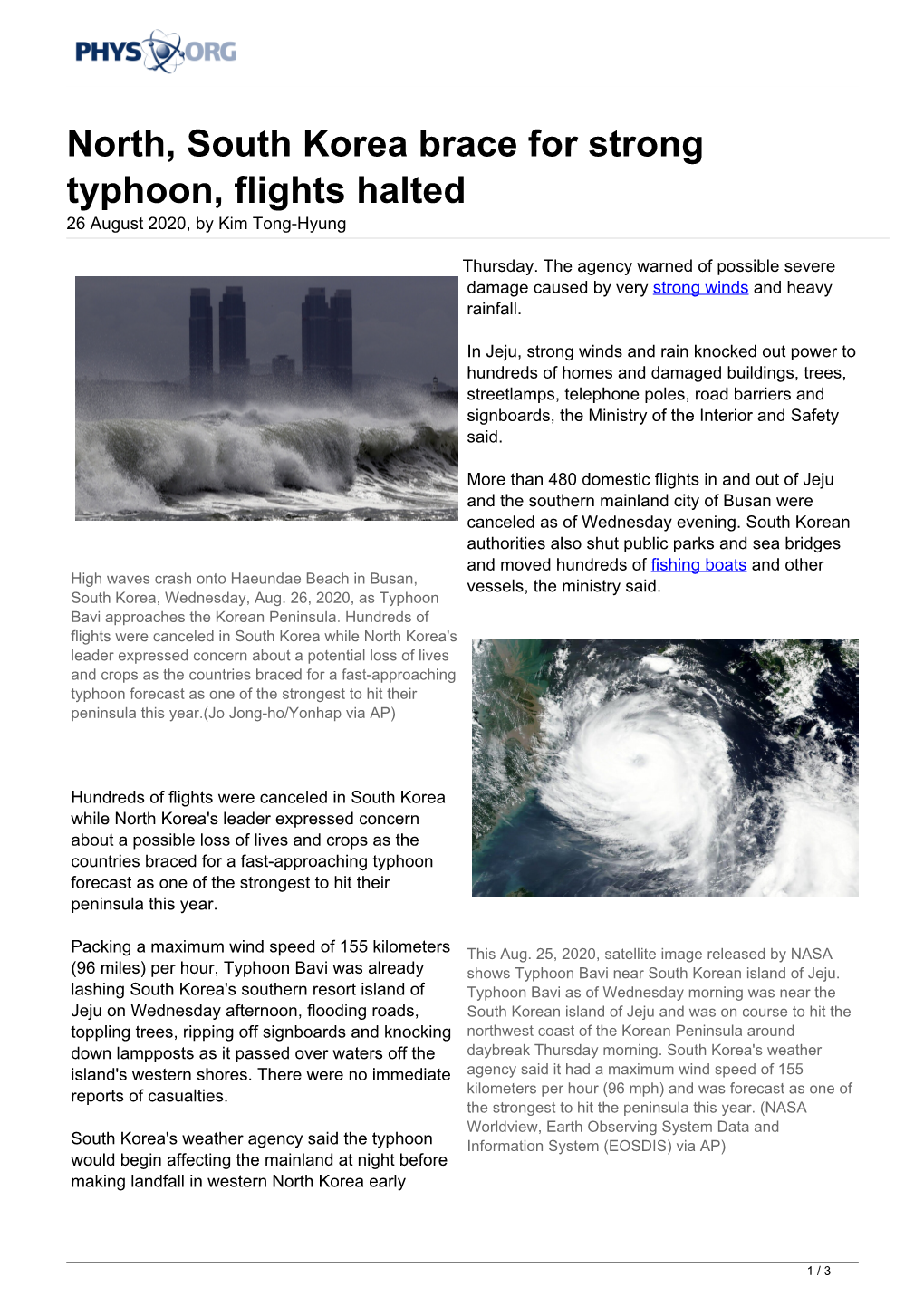 North, South Korea Brace for Strong Typhoon, Flights Halted 26 August 2020, by Kim Tong-Hyung