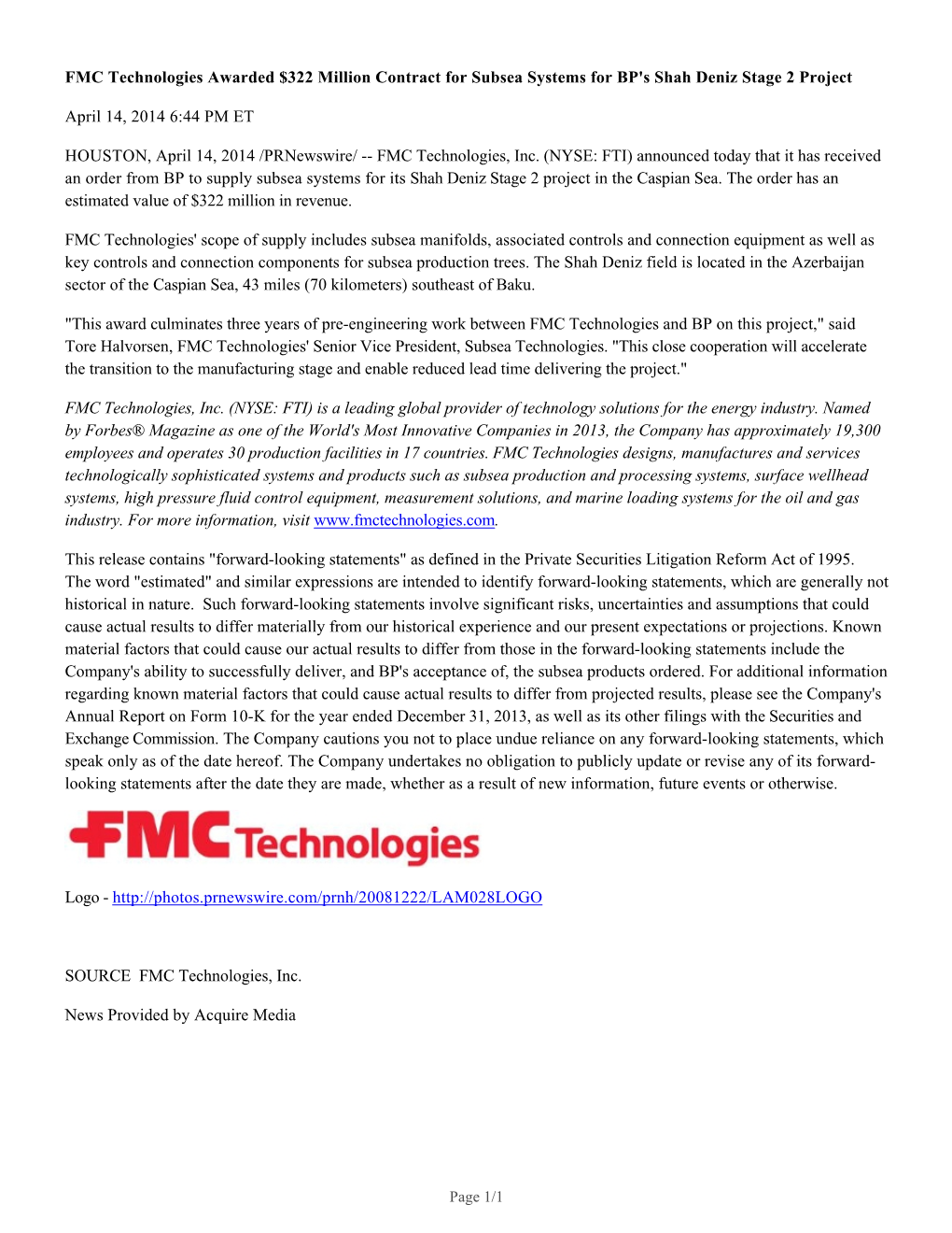 FMC Technologies Awarded $322 Million Contract for Subsea Systems for BP's Shah Deniz Stage 2 Project