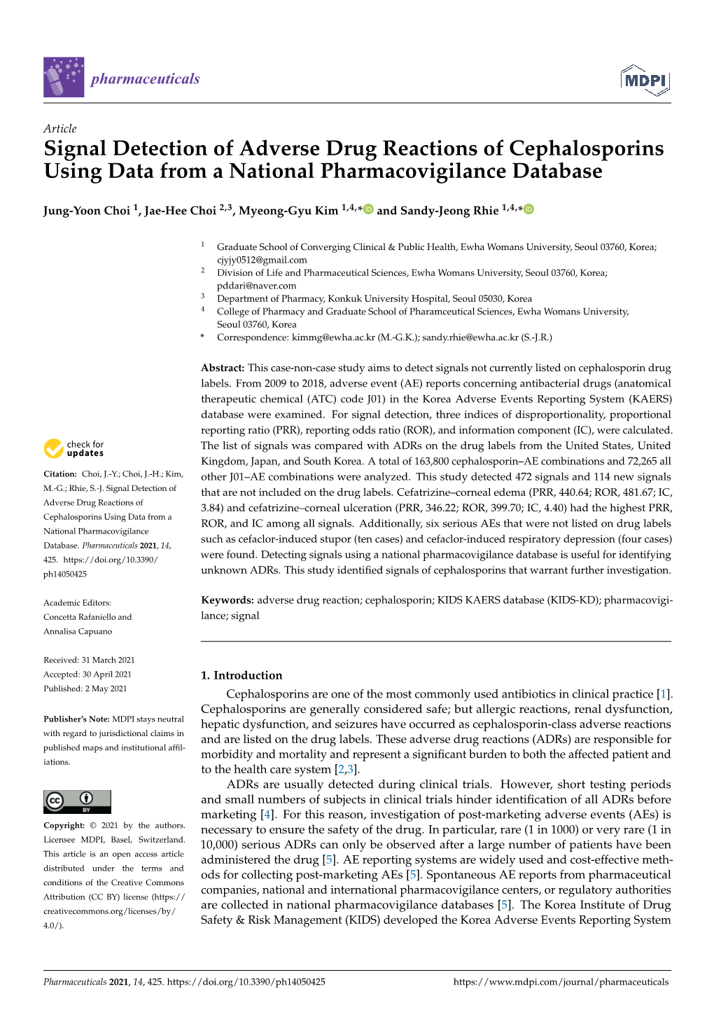 Signal Detection of Adverse Drug Reactions of Cephalosporins Using Data from a National Pharmacovigilance Database