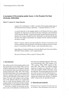 A Synopsis of the Jumping Spider Fauna in the Russian Far East (Araneae, Salticidae)