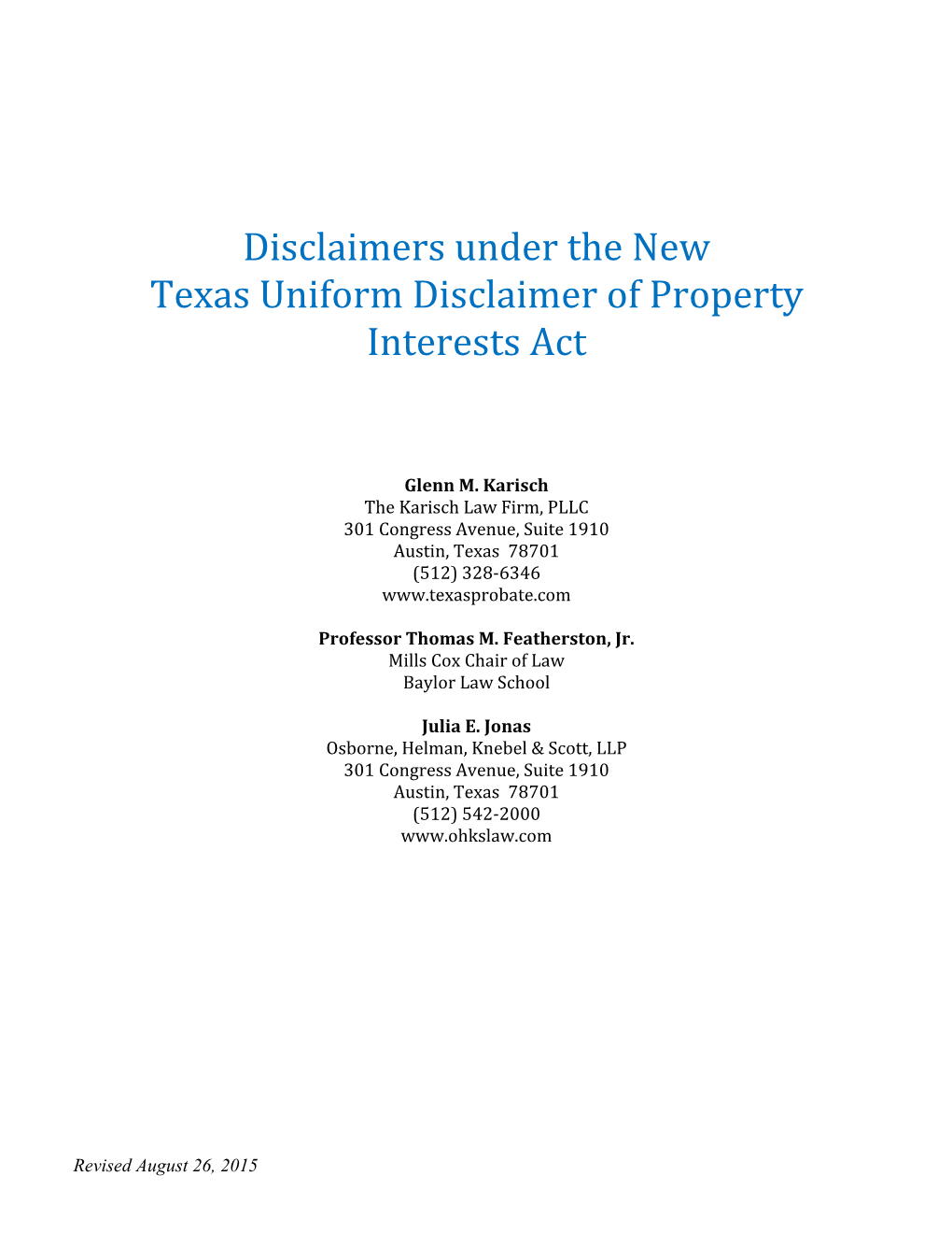 Disclaimers Under the New Texas Uniform Disclaimer of Property Interests Act