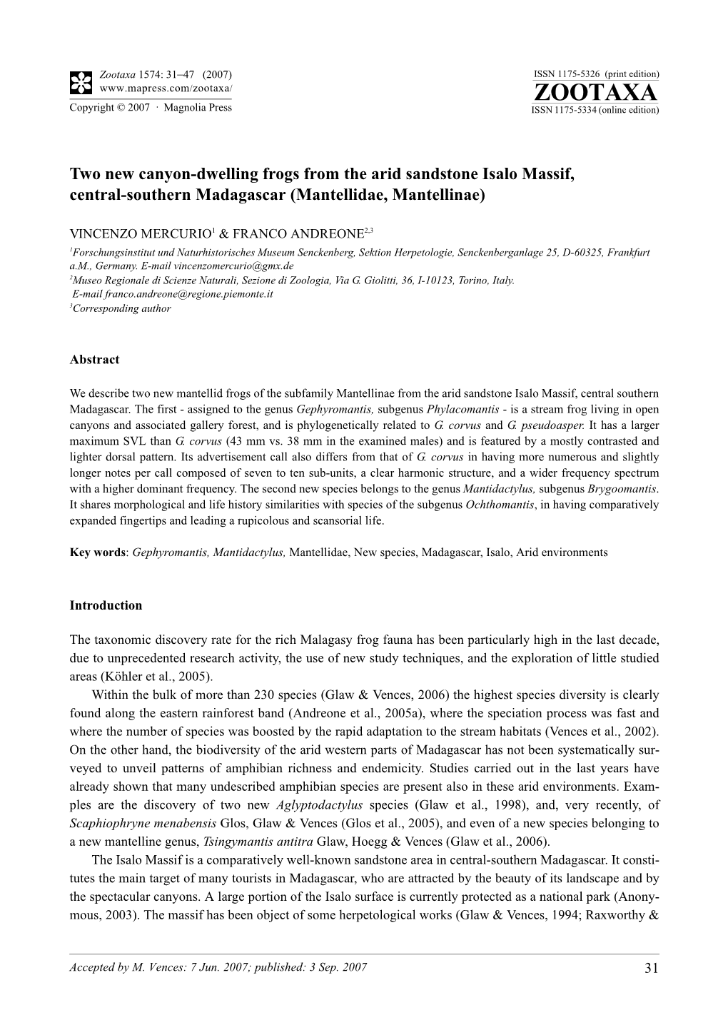 Zootaxa, Two New Canyon-Dwelling Frogs from the Arid Sandstone Isalo Massif, Central-Southern Madagascar (Mantellidae, Mantellin