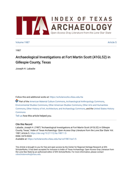 Archaeological Investigations at Fort Martin Scott (41GL52) in Gillespie County, Texas