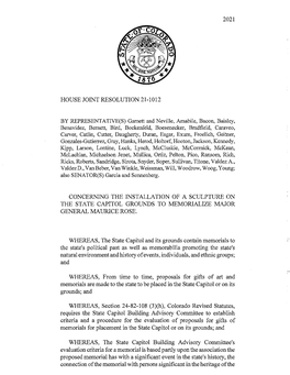 2021 House Joint Resolution 21-1012 Concerning the Installation of a Sculpture on the State Capitol Grounds to Memorialize Major