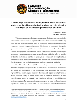 Gênero, Raça E Sexualidade No Big Brother Brasil