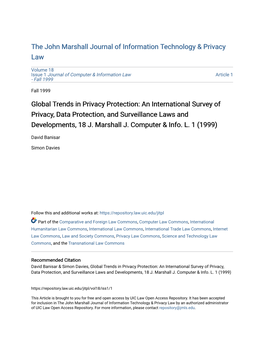 An International Survey of Privacy, Data Protection, and Surveillance Laws and Developments, 18 J