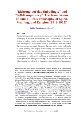 “Richtung Auf Das Unbedingte” and “Self-Transparency”: the Foundations of Paul Tillich’S Philosophy of Spirit, Meaning, and Religion (1919-1925)*