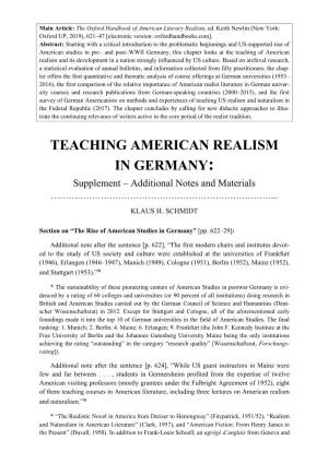 TEACHING AMERICAN REALISM in GERMANY: Supplement – Additional Notes and Materials …………………………………………………………………