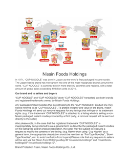 Nissin Foods Holdings in 1971, “CUP NOODLE” Was Born in Japan As the World’S First Packaged Instant Noodle