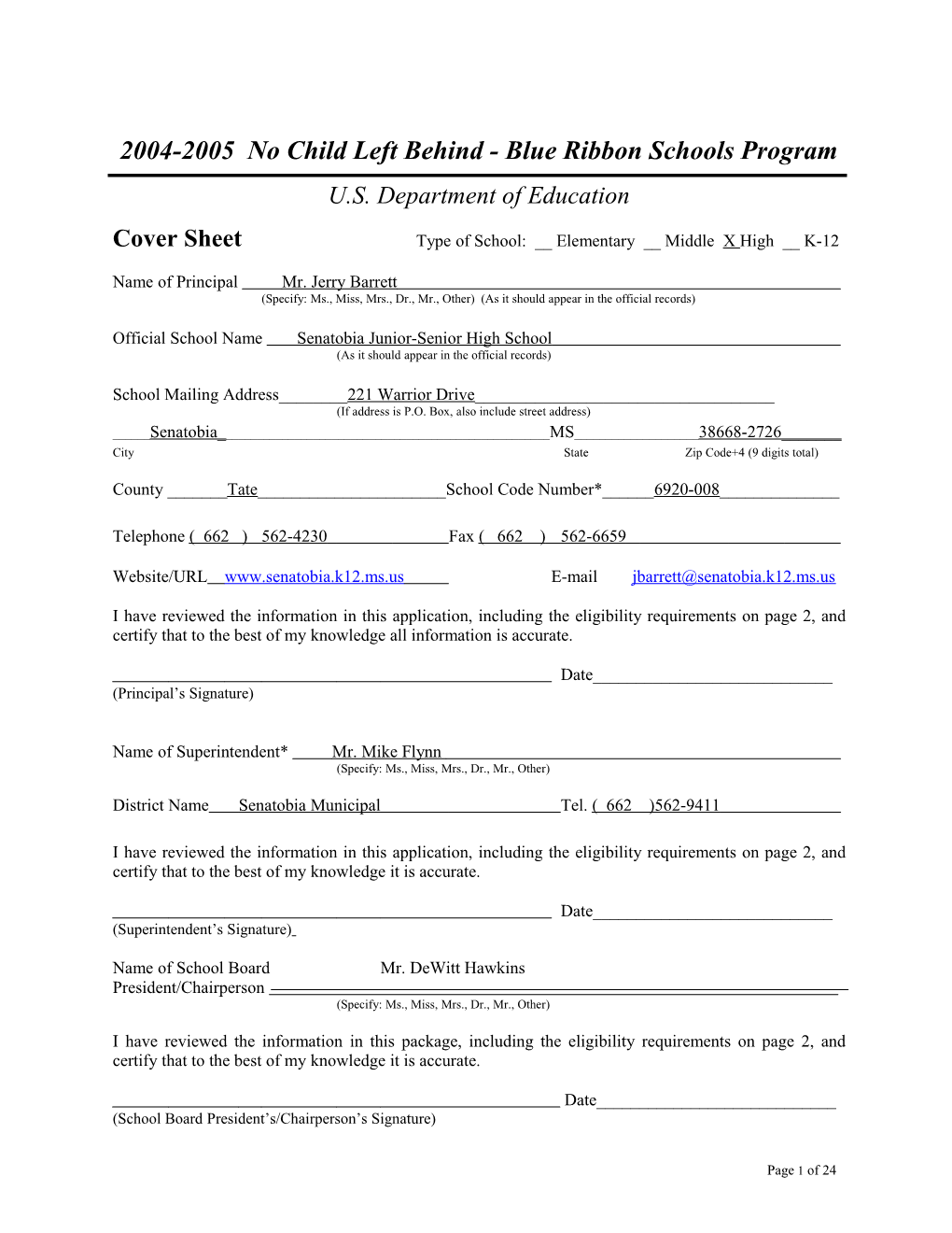 Senatobia Junior-Senior High School Application: 2004-2005, No Child Left Behind - Blue