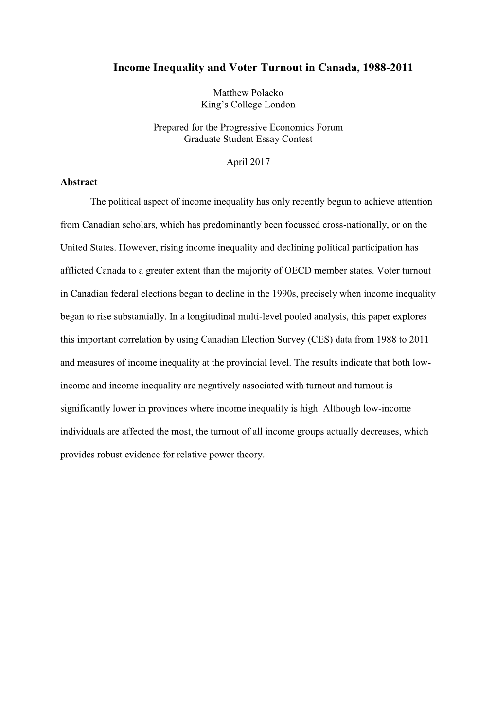 Income Inequality and Voter Turnout in Canada, 1988-2011