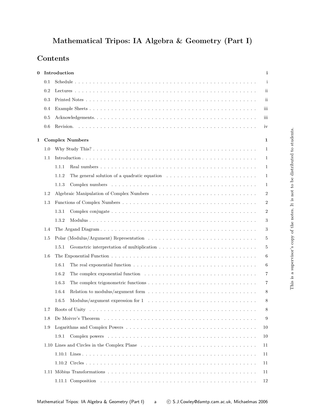 Mathematical Tripos: IA Algebra & Geometry (Part I) Contents