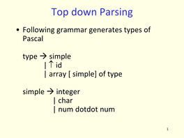 Top Down Parsing • Following Grammar Generates Types of Pascal