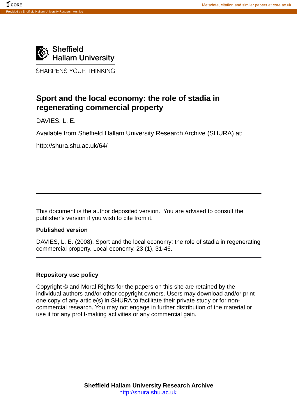 The Role of Stadia in Regenerating Commercial Property DAVIES, L