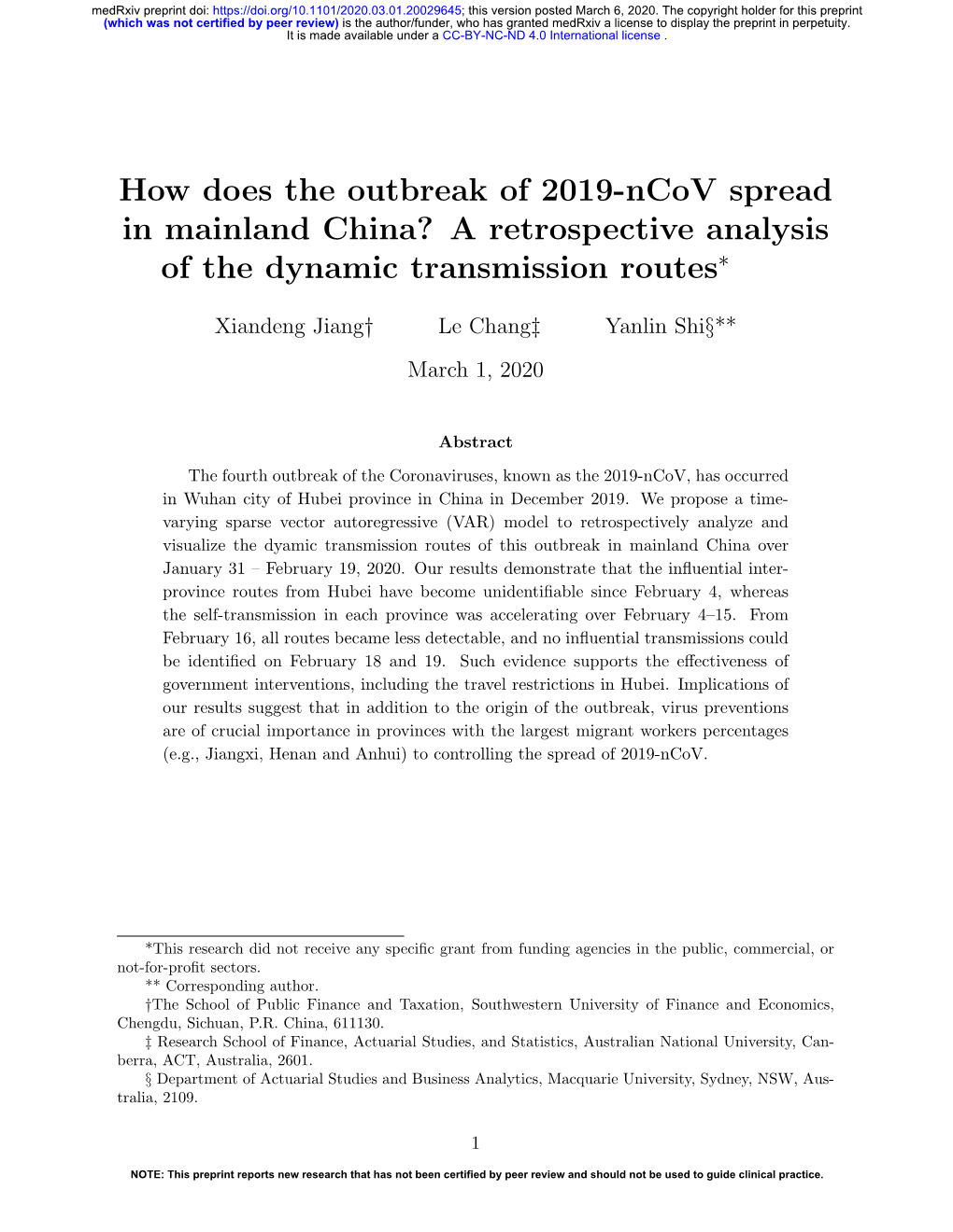 How Does the Outbreak of 2019-Ncov Spread in Mainland China? a Retrospective Analysis of the Dynamic Transmission Routes∗