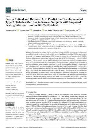 Serum Retinal and Retinoic Acid Predict the Development of Type 2 Diabetes Mellitus in Korean Subjects with Impaired Fasting Glucose from the KCPS-II Cohort