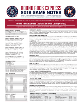 Round Rock Express 2019 GAME NOTES 3400 E