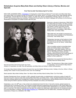 Nickelodeon Acquires Mary-Kate Olsen and Ashley Olsen Library of Series, Movies and Specials