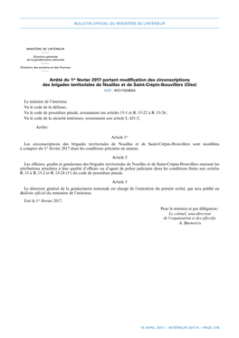 Arrêté Du 1Er Février 2017 Portant Modification Des Circonscriptions Des Brigades Territoriales De Noailles Et De Saint-C