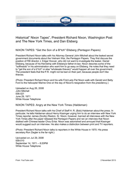 Historical” Nixon Tapes”, President Richard Nixon, Washington Post and the New York Times, and Dan Elsberg