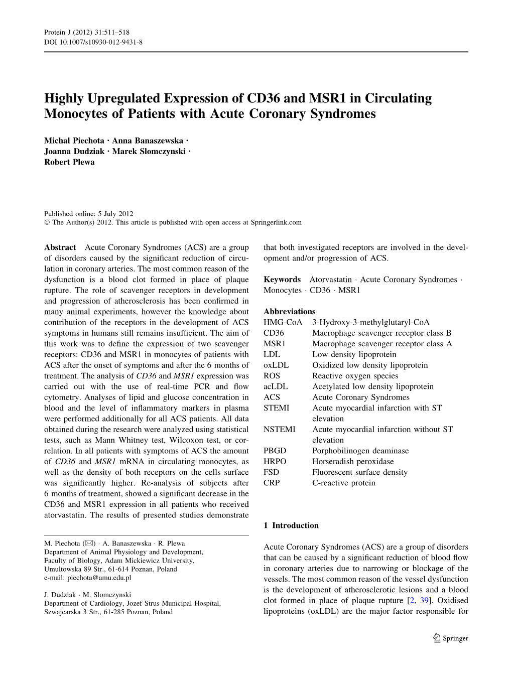 Highly Upregulated Expression of CD36 and MSR1 in Circulating Monocytes of Patients with Acute Coronary Syndromes