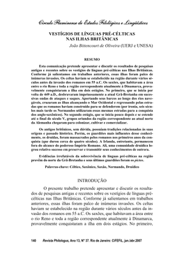 VESTÍGIOS DE LÍNGUAS PRÉ-CÉLTICAS NAS ILHAS BRITÂNICAS João Bittencourt De Oliveira (UERJ E UNESA)