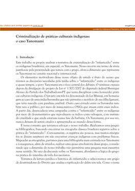 Criminalização De Práticas Culturais Indígenas: O Caso Yanomami