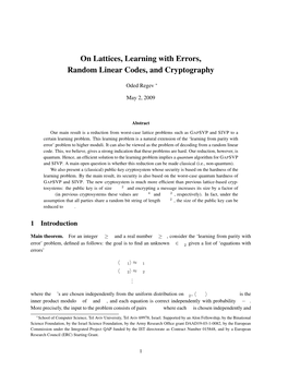 On Lattices, Learning with Errors, Random Linear Codes, and Cryptography
