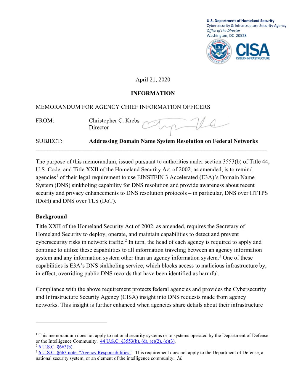 Addressing DNS Resolution on Federal Networks Memo