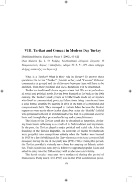 VIII. Tarikat and Cemaat in Modern Day Turkey
