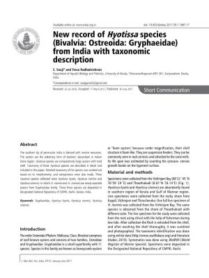 New Record of Hyotissa Species (Bivalvia: Ostreoida: Gryphaeidae) from India with Taxonomic Description
