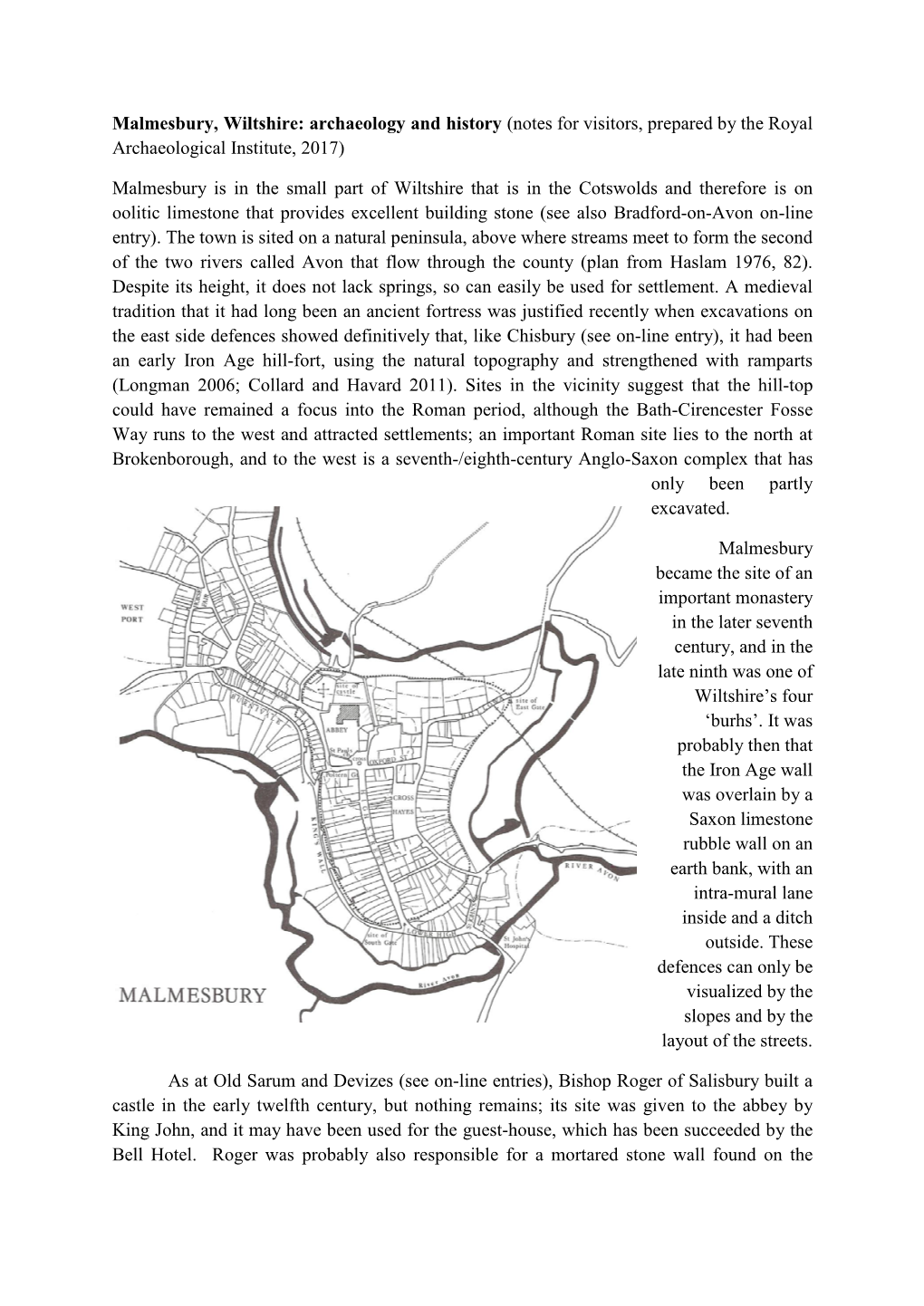 Malmesbury, Wiltshire: Archaeology and History (Notes for Visitors, Prepared by the Royal Archaeological Institute, 2017) Malmes