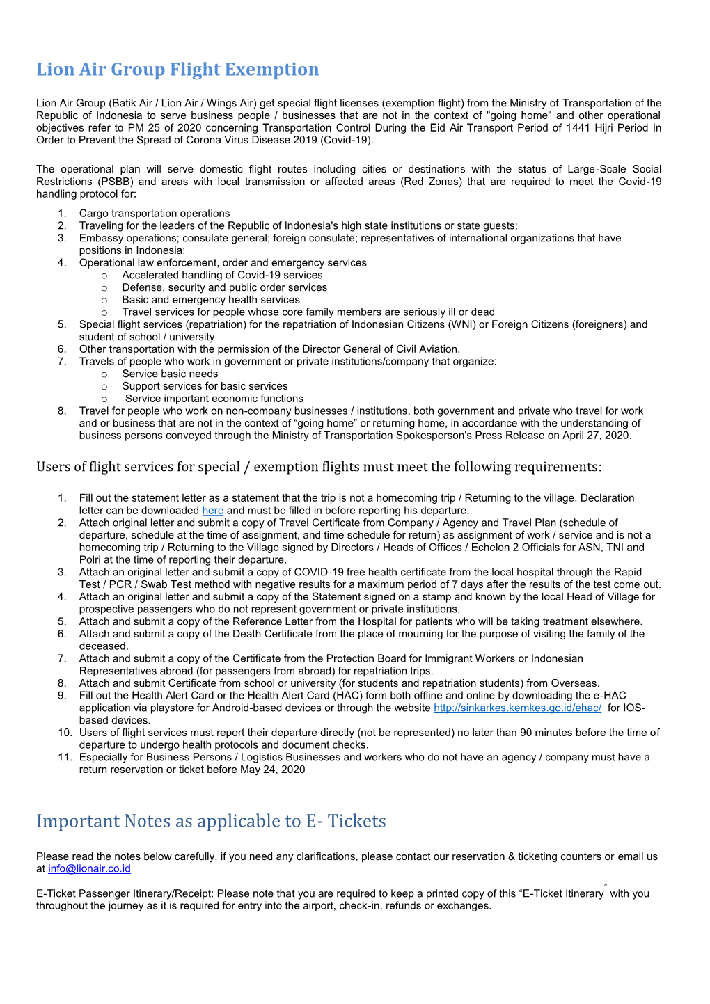 Lion Air Group Flight Exemption Important Notes As Applicable to E