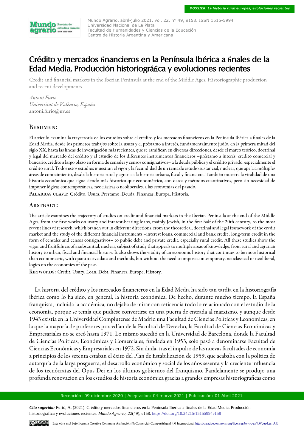 Crédito Y Mercados Financieros En La Península Ibérica a Finales De La Edad Media