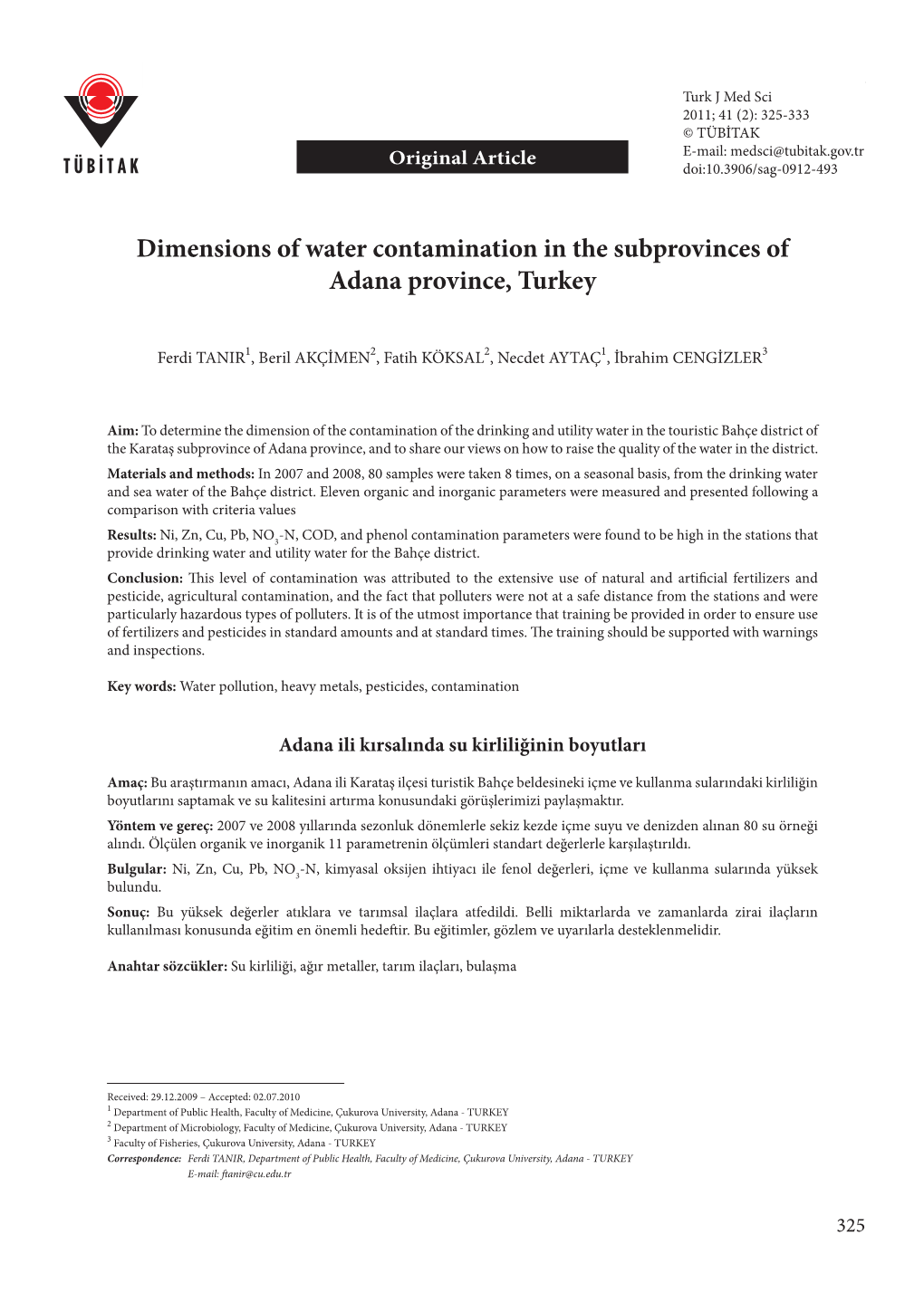 Dimensions of Water Contamination in the Subprovinces of Adana Province, Turkey