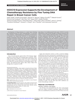 HOXC10 Expression Supports the Development of Chemotherapy Resistance by Fine Tuning DNA Repair in Breast Cancer Cells Helen Sadik1, Preethi Korangath1, Nguyen K