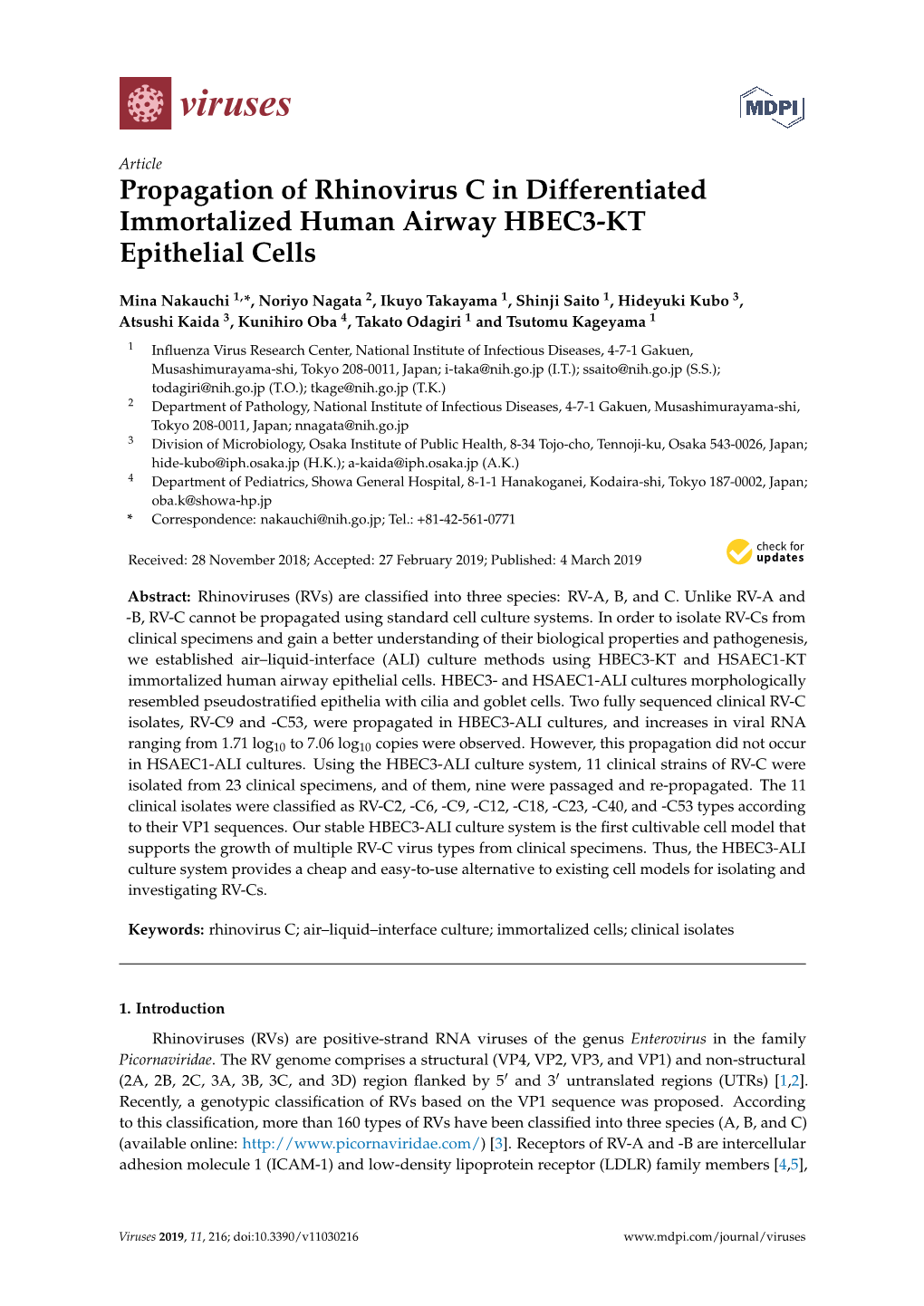 Propagation of Rhinovirus C in Differentiated Immortalized Human Airway HBEC3-KT Epithelial Cells