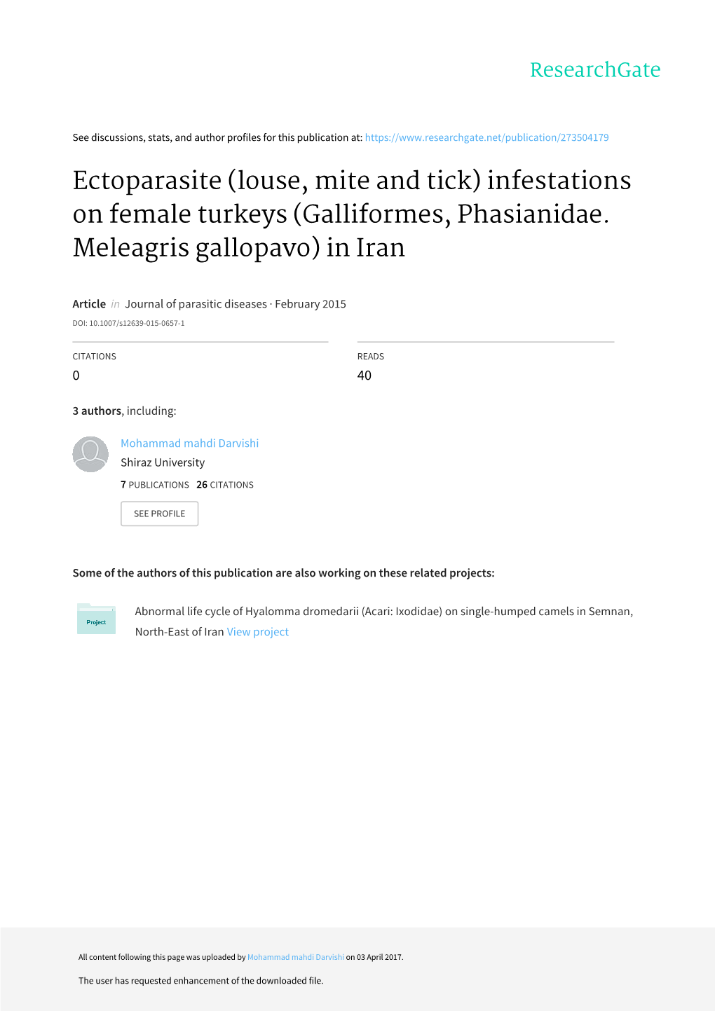 (Louse, Mite and Tick) Infestations on Female Turkeys (Galliformes, Phasianidae