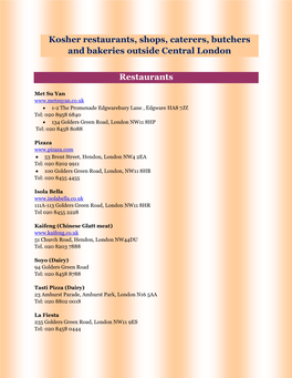 Kosher Restaurants, Shops, Caterers, Butchers and Bakeries Outside Central London