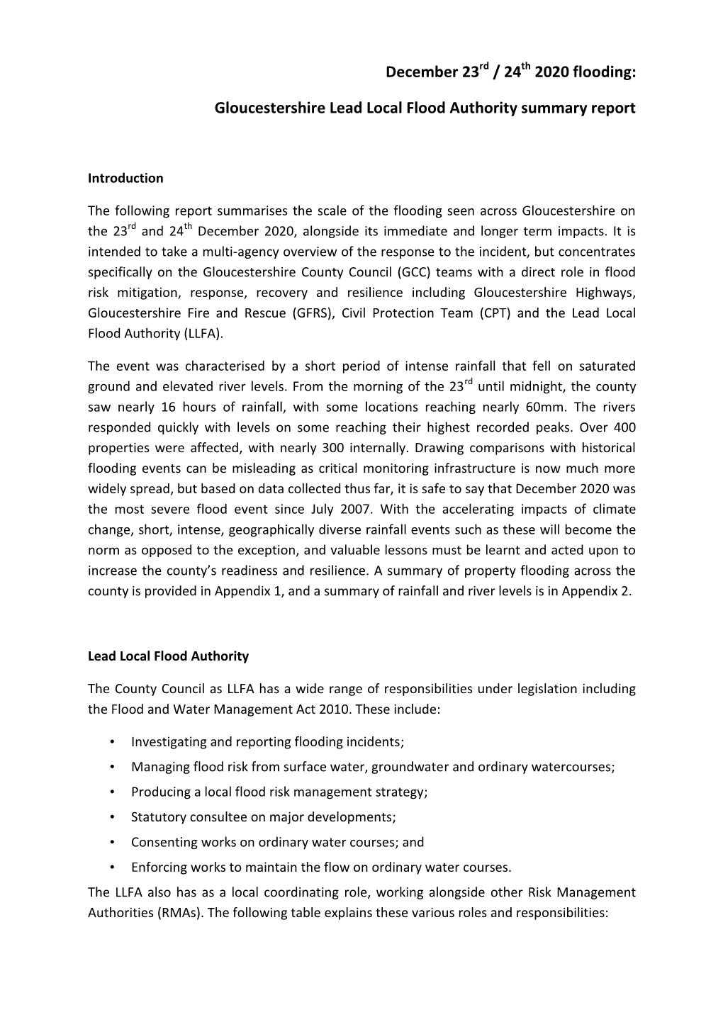 Gloucestershire Lead Local Flood Authority Summary Report