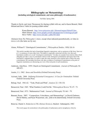 Bibliography on Metaontology (Including Ontological Commitment, and Some Philosophy of Mathematics)