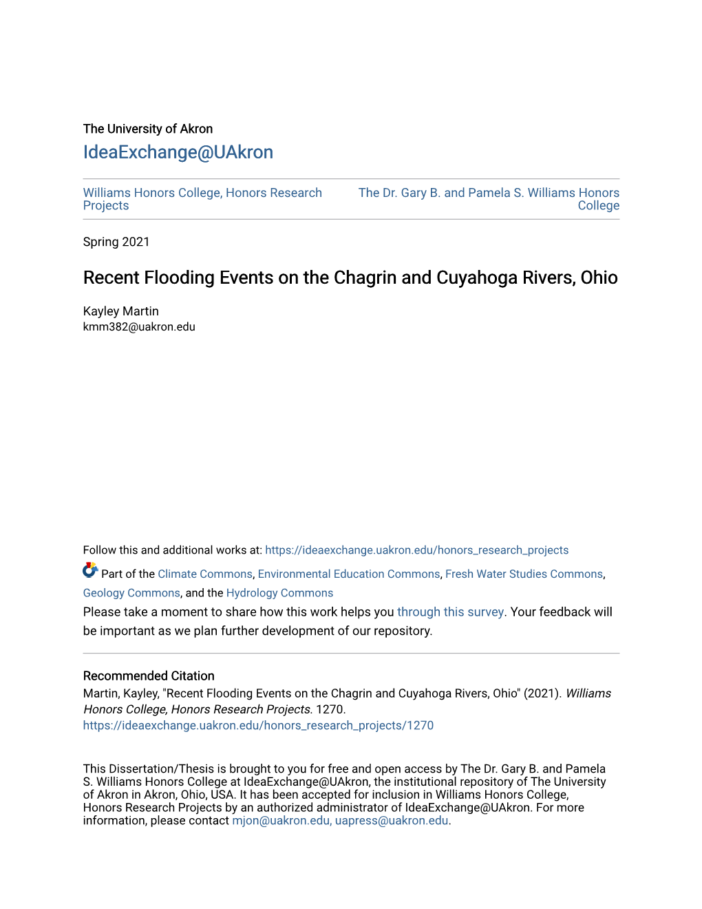 Recent Flooding Events on the Chagrin and Cuyahoga Rivers, Ohio