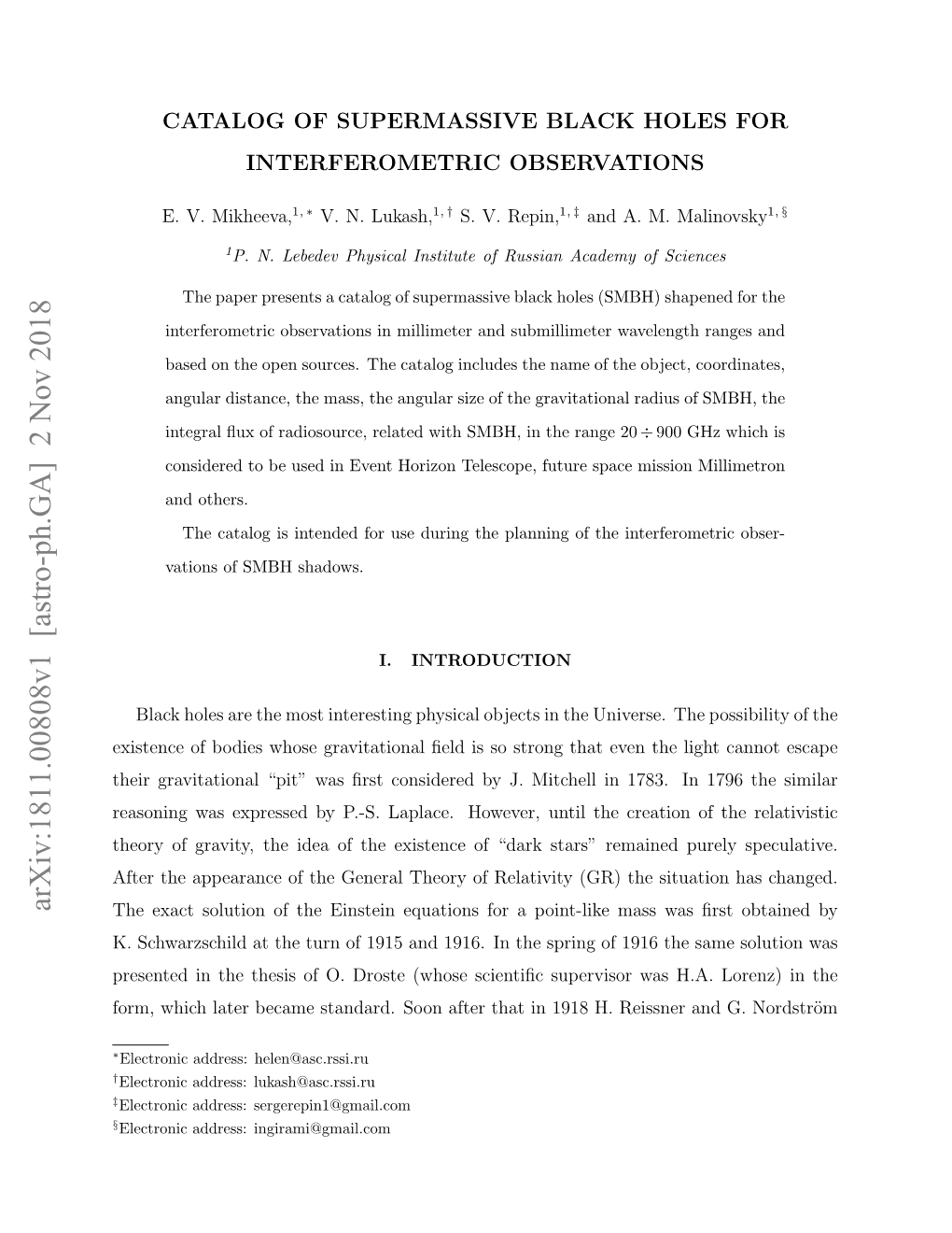 Arxiv:1811.00808V1 [Astro-Ph.GA] 2 Nov 2018 the Exact Solution of the Einstein Equations for a Point-Like Mass Was ﬁrst Obtained by K