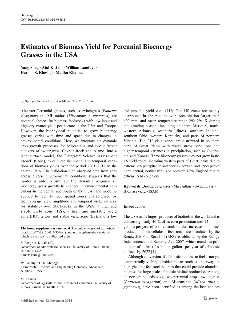 Estimates of Biomass Yield for Perennial Bioenergy Grasses in the USA