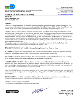NOTICE of ACCEPTANCE (NOA) US Ply, Inc