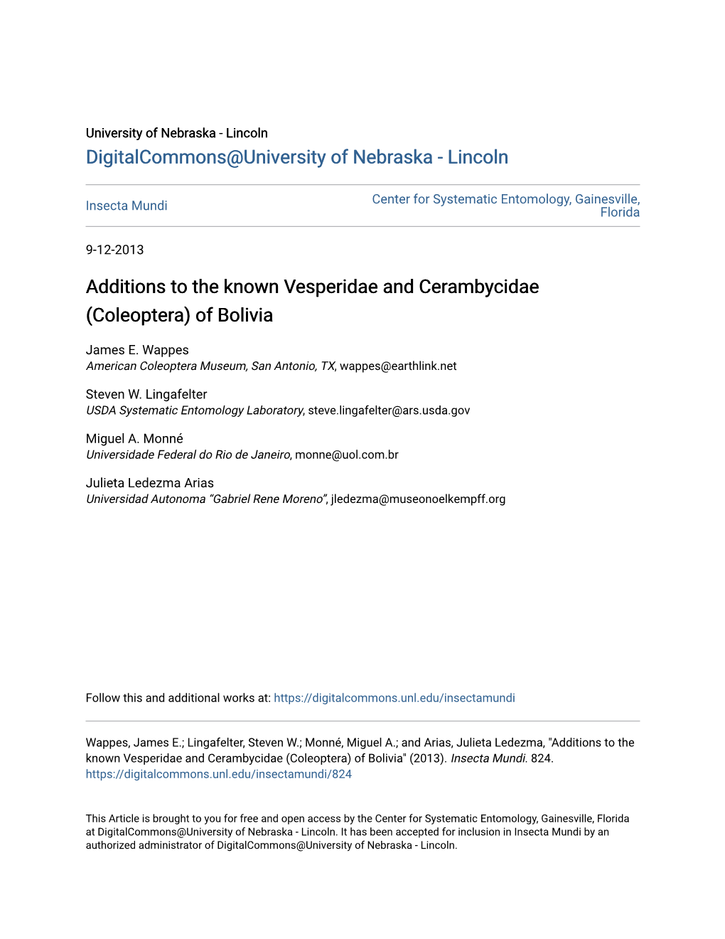 Additions to the Known Vesperidae and Cerambycidae (Coleoptera) of Bolivia