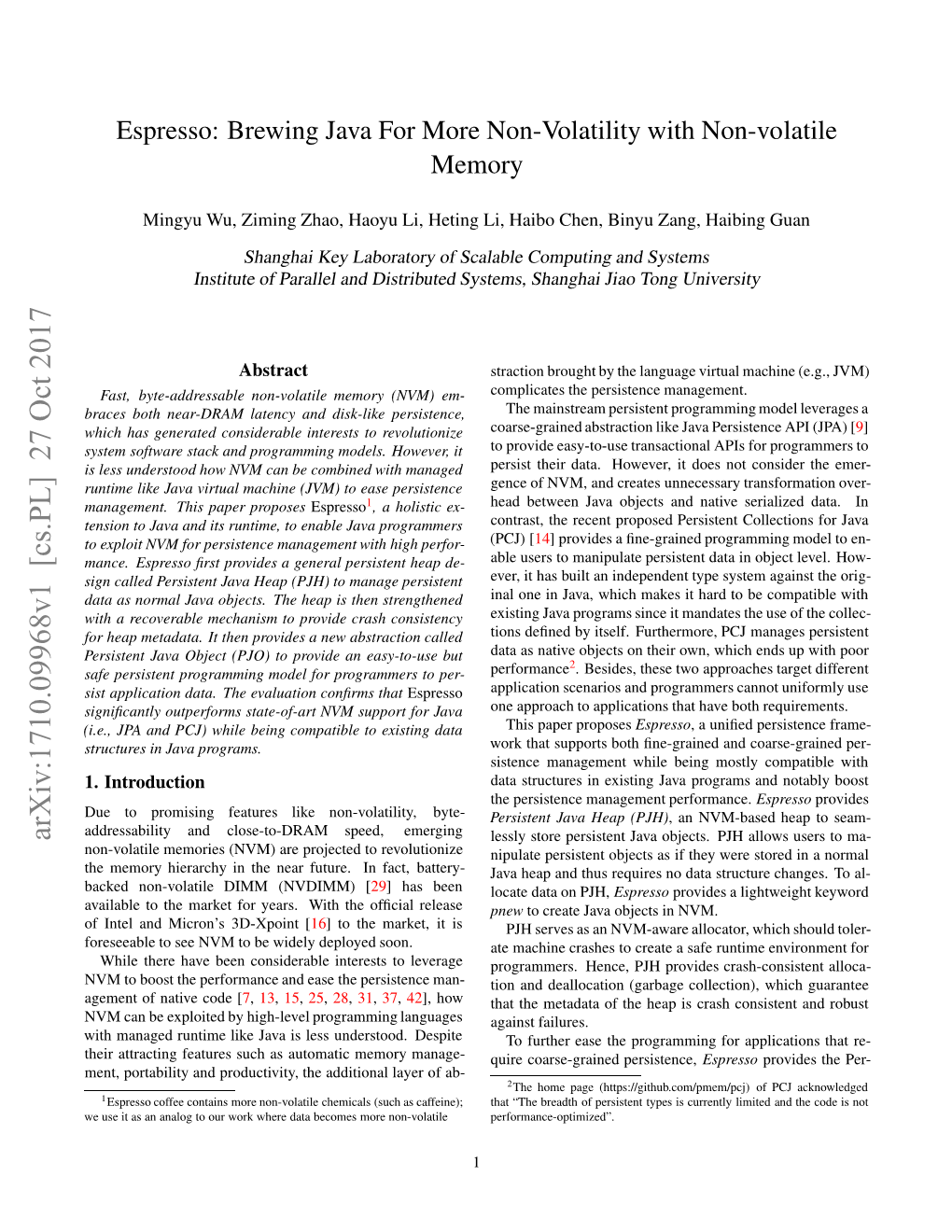 Espresso: Brewing Java for More Non-Volatility with Non-Volatile Memory