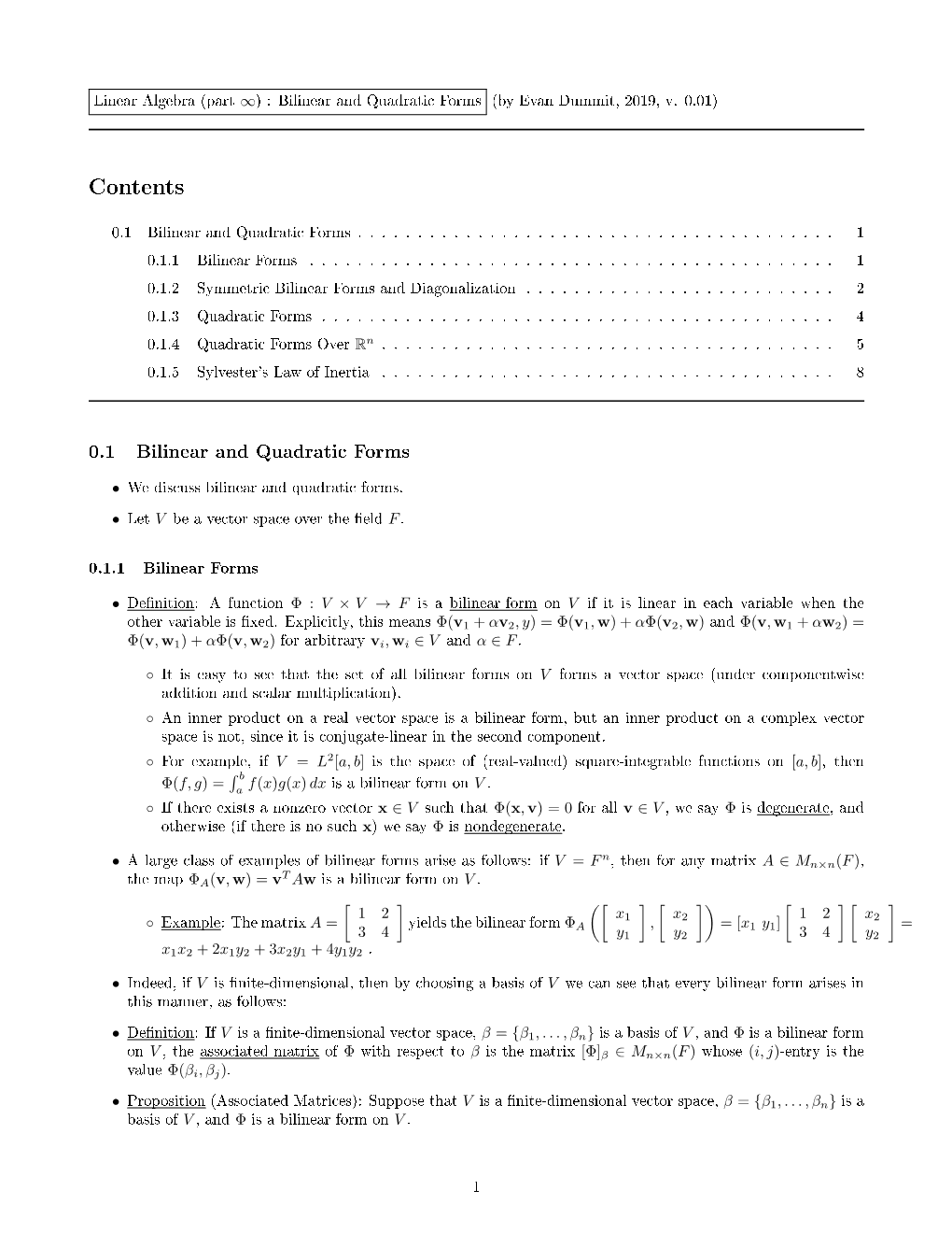 Quadratic Forms (By Evan Dummit, 2019, V