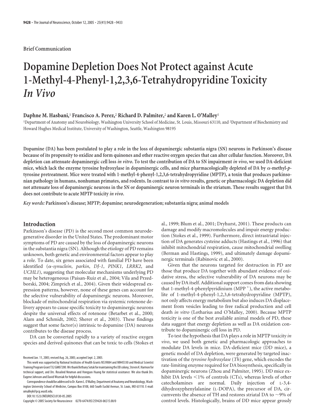 Dopamine Depletion Does Not Protect Against Acute 1-Methyl-4-Phenyl-1,2,3,6-Tetrahydropyridine Toxicity in Vivo